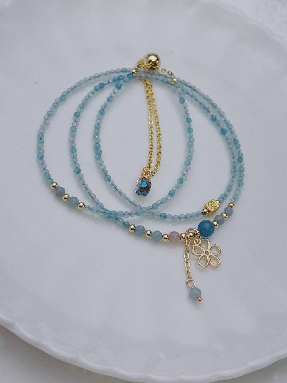 GB97 Handmade Aqua Marine Tripe Layer Bracelet Necklace 2in1 20+5” - Picture 2 of 6